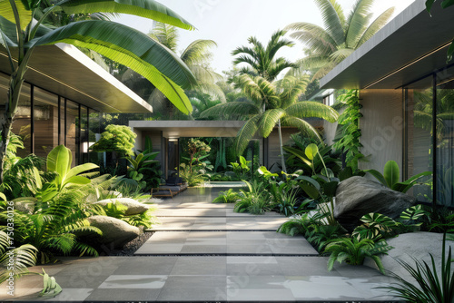 3D rendering of tropical house with many plants © Kien