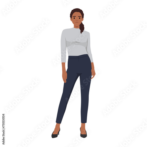 Beautiful young woman in fashion clothes. Flat vector illustration isolated on white background