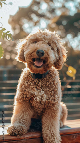 Golden doodles fluffy fur and cheerful demeanor, against the backdrop of a sunny day