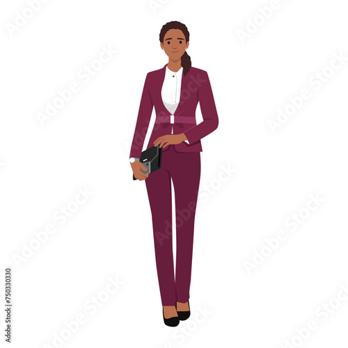 Elegant beautiful business woman thinking looking away and making idea holding bag and phone. Flat vector illustration isolated on white background