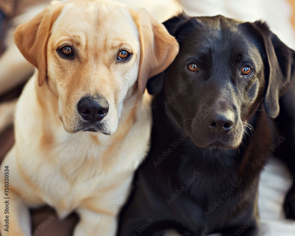 Labrador retrievers friendly eyes and glossy coat, in a heartwarming family scene Labrador retrievers friendly eyes and glossy coat, in a heartwarming family scene