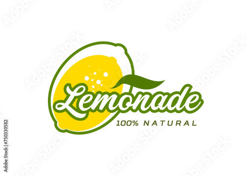 Lemonade icon with lemon fruit for juice drink or soda beverage, vector label. Lemonade citrus drink sign of 100 percent natural lemon with sparkling water bubbles and green leaf for product package