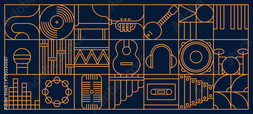 Music and entertainment abstract modern line geometric pattern, vector background. Musical instruments, guitar, vinyl and CD disk with music equalizer or microphone and piano in line geometric pattern