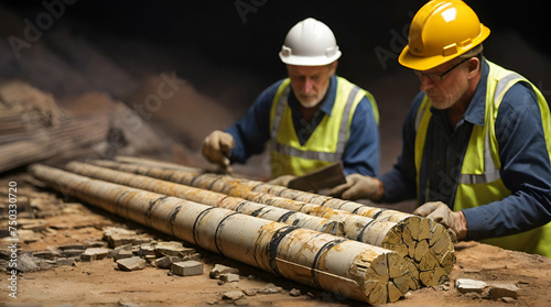 A close-up of a geologist examining core samples, searching for mineral deposits deep within the earth,  generative ai  photo
