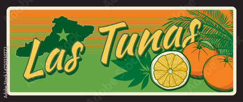 Las Tunas Cuban region plate vintage travel plaque, sticker with ranges and sugar cane plantation, mountain landscape, mariposa sign. Province Victoria de Las Tunas retro travel destination