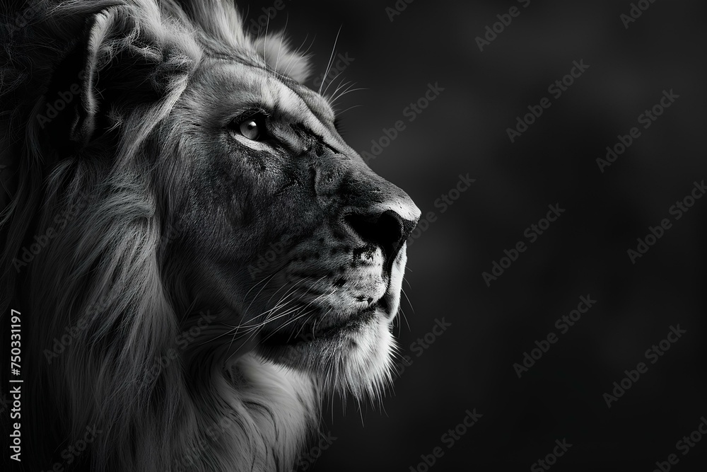 a majestic and dignified lion with scar, monochromatic, portrait. generative AI