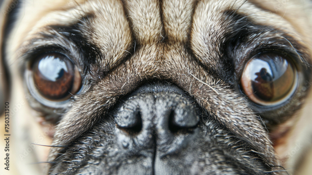 Pug dogs face close-up, highlighting expressive wrinkles and big, soulful eyes