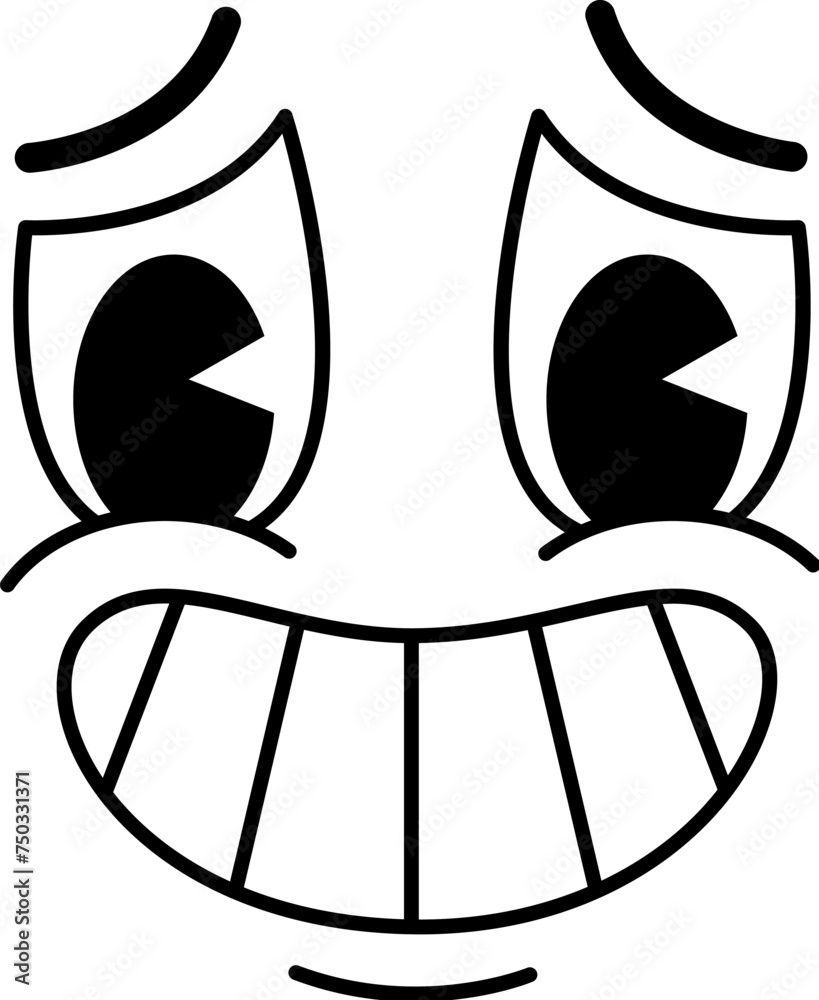 Cartoon funny comic groovy face with guilty smile, emotion and retro ...