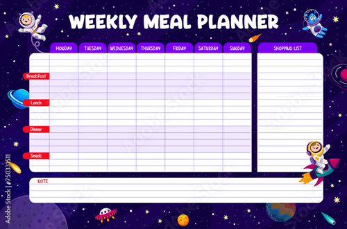 Weekly meal planner with galaxy space landscape, kid astronaut and alien. Vector week food plan for little explorers. Calendar menu template for tasty cosmic dishes and stellar culinary adventures
