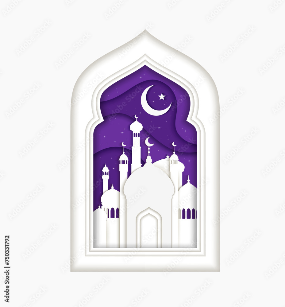 Ramadan Kareem, Eid Mubarak paper cut greetings card with muslim mosque arch window and crescent moon sky. Ramadan celebration, Eid Mubarak holiday or muslim religious paper cut vector concept