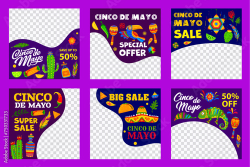 Cinco de Mayo mexican holiday big sale and special offer banners templates. Vector sombrero, maracas, tequila and tex mex food of Mexico fiesta, tropical flowers, cactus and pinata web posts set