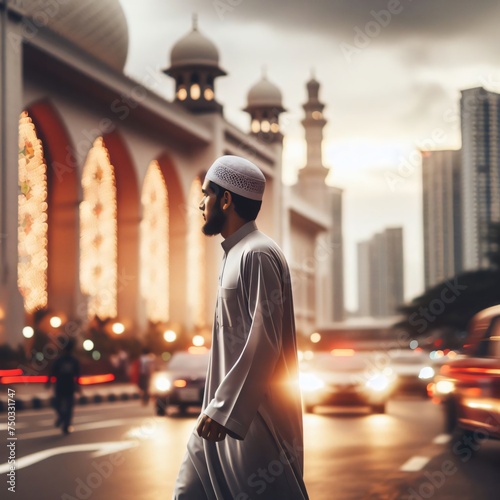 Young handsome Muslim man in traditional clothes walking in the street at sunset. Ramadan Kareem, travel, tourism and religion concept.