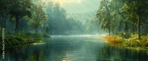 Morning in the forest with lake. Created with AI