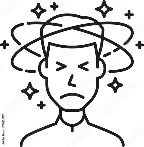 Dizziness anemia symptom line icon hematology medicine. Physical disease and blood disorder vector sign of outline man with dizziness and fatigue because of iron deficiency and hemoglobin decrease