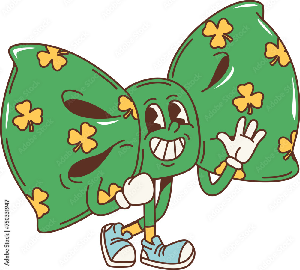 Naklejka premium Cartoon retro green bow tie groovy character, saint patrick day holiday personage. Isolated vector cheerful necktie with a wide grin, expressive eyes and dapper boots, exuding festive charm and whimsy