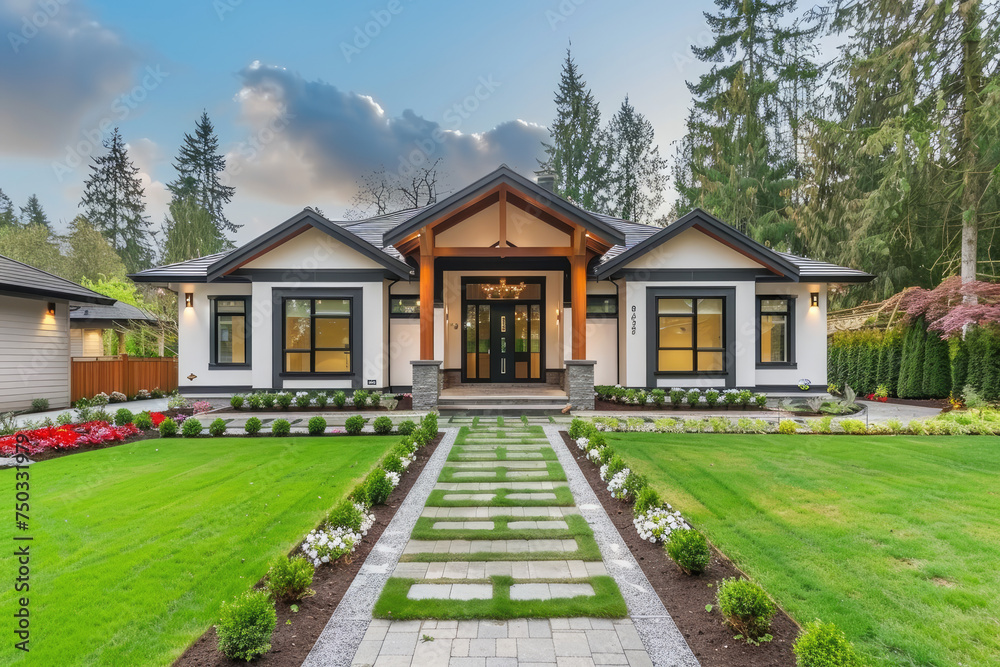 Beautiful exterior of newly built luxury home. Yard with green grass and walkway lead to ornately designed covered porch and front entrance, flowers garden - obrazy, fototapety, plakaty 