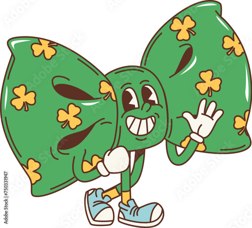 Cartoon retro green bow tie groovy character, saint patrick day holiday personage. Isolated vector cheerful necktie with a wide grin, expressive eyes and dapper boots, exuding festive charm and whimsy