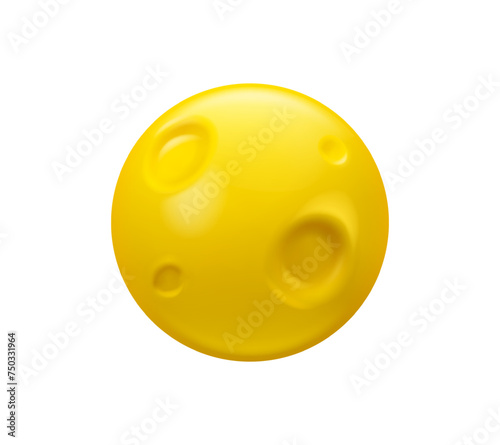 Full moon emoji vector 3d. Cartoon yellow planet with craters, isolated on white background. Shiny design element, cute toy, simple emoticon