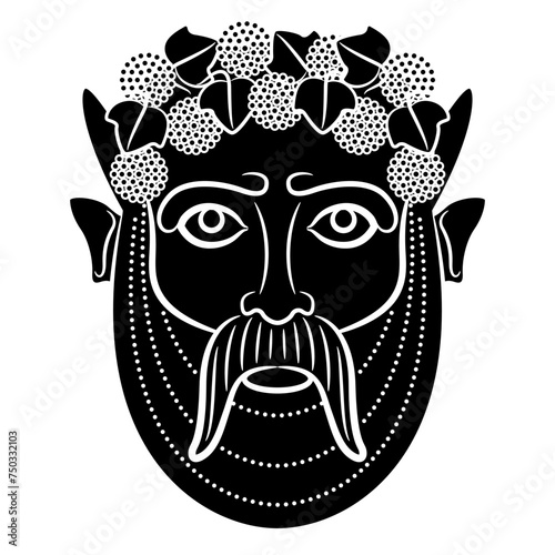 Etruscan mask of god Bacchus. Antique god of wine. Bearded horned male face wearing grape wreath. Black and white silhouette.