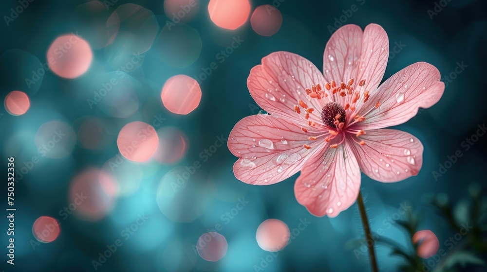  a close up of a pink flower with drops of water on it's petals and a blurry background of blue, pink, red, and white lights.