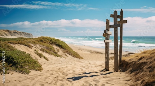 Directional Wooden Signs Tranquil Beach Pointing Various Destinations