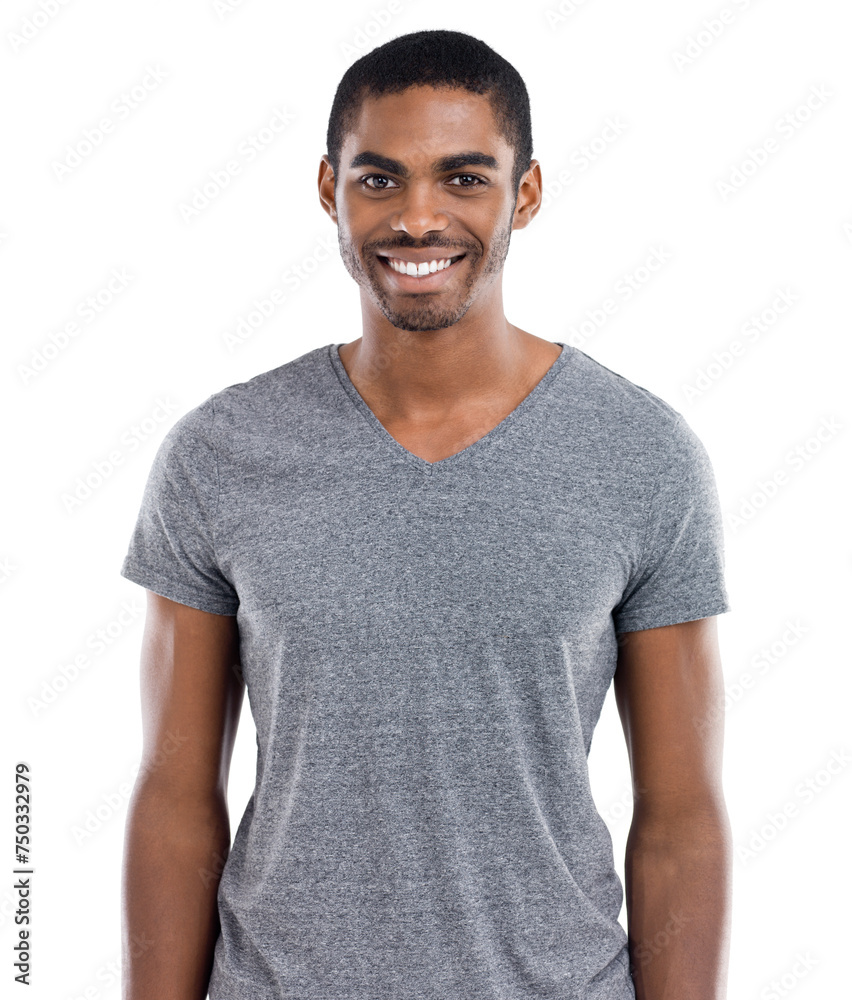Studio, portrait and of black man with fashion to relax with happiness at university in white background. African, person and smile with casual style, shirt and college student with pride in mockup Studio, portrait and of black man with fashion to relax with happiness at university in white background. African, person and smile with casual style, shirt and college student with pride in mockup