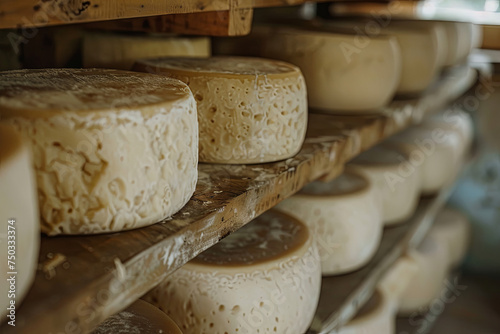Cheese made from cow milk, stored on wooden shelves for maturation