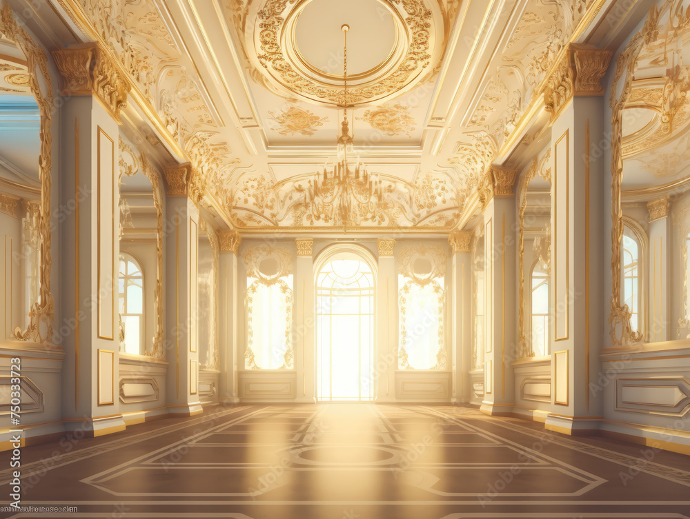 Luxury Palace Interior background. White and Gold Marble Royal Castle Hall. Posh and Rish Wedding Background, copy space