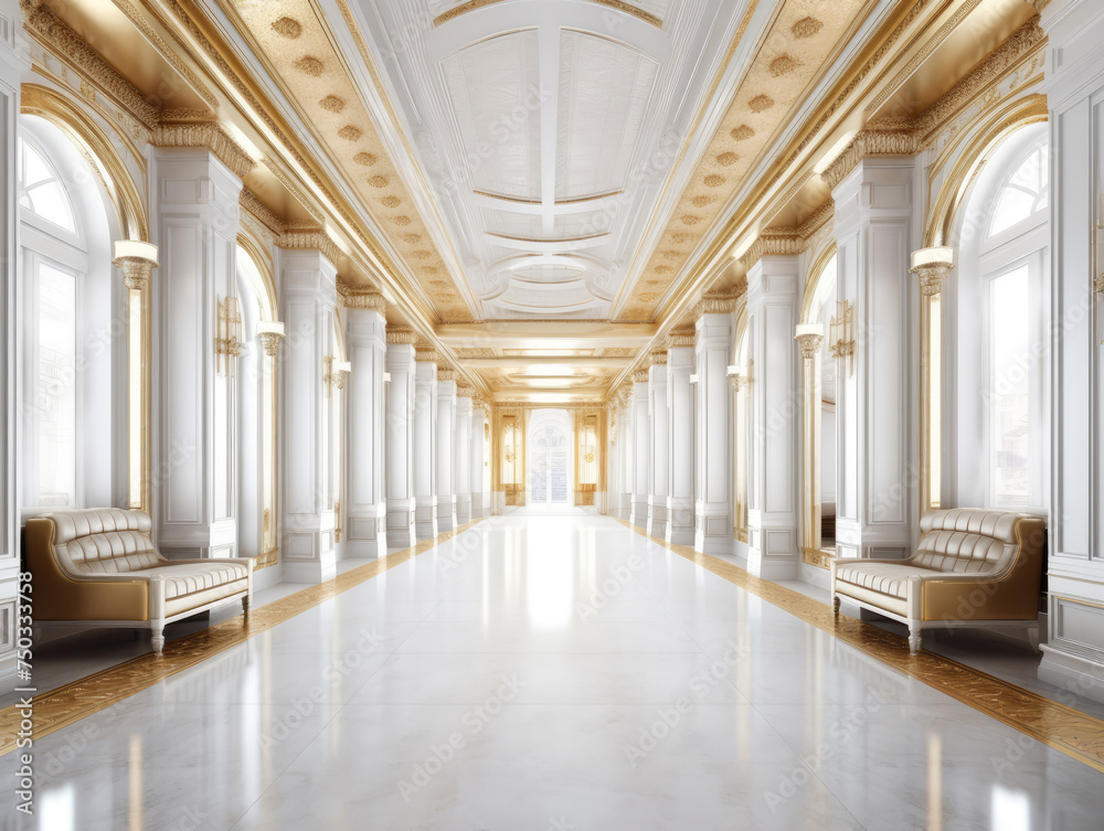 Luxury Interior of Royal Palace. White and Gold Marble Castle Hall ...