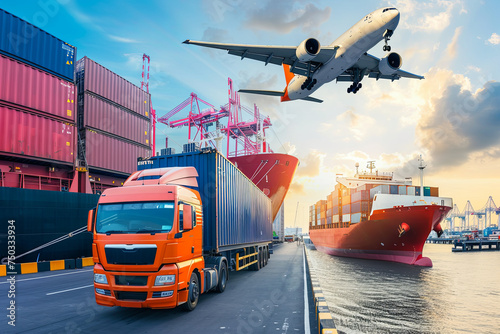 Container truck, ship in port, and freight cargo plane involved in transport and import-export commercial logistics, concept of shipping business industry