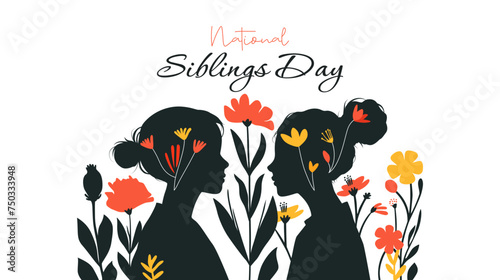 Siblings. Celebration of National Siblings Day. modern minimalist design with the silhouette of two small children and flowers. April 10. Siblings day 2024