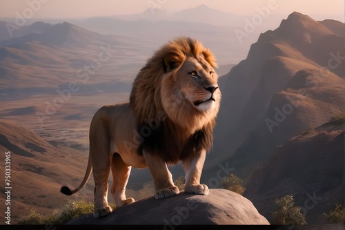 Majestic lion standing on a top of mountain
