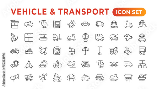 Transport, vehicle, and delivery elements - minimal thin-line web icon set. Outline icons collection. auto, bike, scooter, bulldozer, bus, cable, car, helicopter.