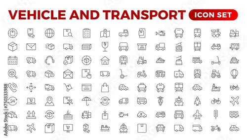 Transport, vehicle, and delivery elements - minimal thin-line web icon set. Outline icons collection. auto, bike, scooter, bulldozer, bus, cable, car, helicopter.