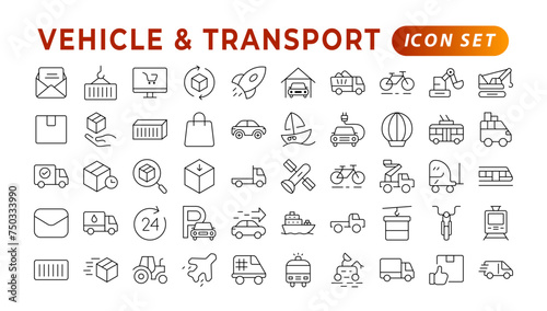 Transport, vehicle, and delivery elements - minimal thin-line web icon set. Outline icons collection. auto, bike, scooter, bulldozer, bus, cable, car, helicopter.
