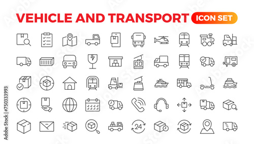 Transport, vehicle, and delivery elements - minimal thin-line web icon set. Outline icons collection. auto, bike, scooter, bulldozer, bus, cable, car, helicopter.