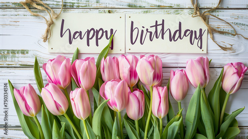 Happy birthday text on white paper and pink tulip flowers on white rustic wooden background for digital greeting card.