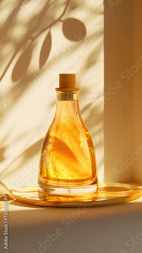 A bottle of perfume in an amber glass bottle is on a tray