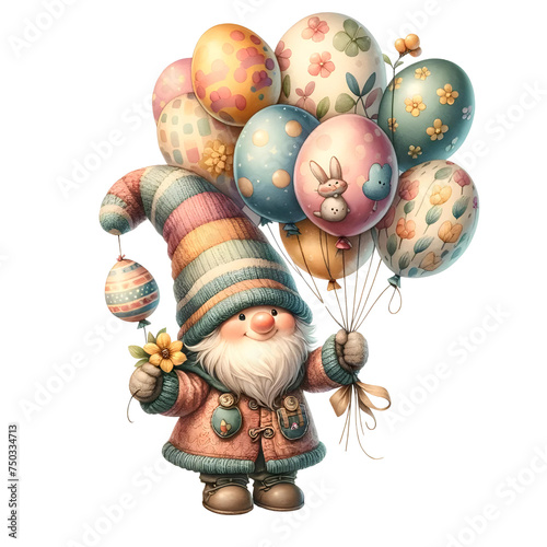Watercolor Easter Gnome with Balloons 