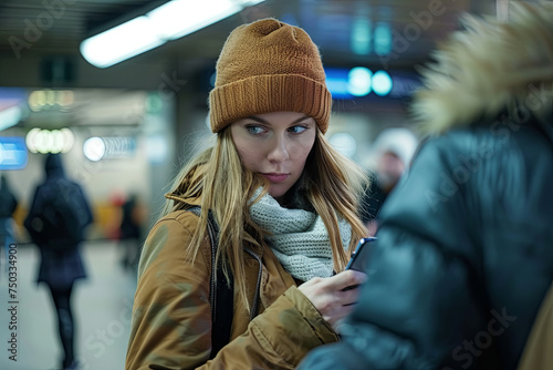 A young woman being pickpocketed while using her mobile phone at a subway station photo