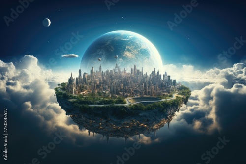 Small planet with city on top of it in the middle of the sky