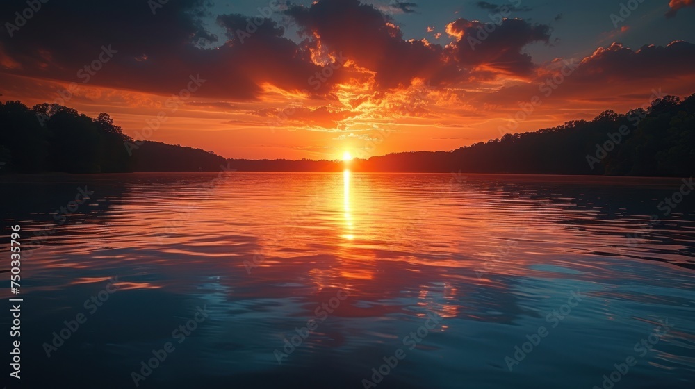  a large body of water with the sun setting in the middle of the water and trees on the other side of the water and a few clouds in the sky.