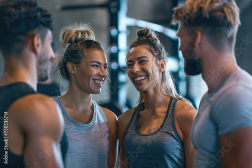 Group of happy friends talk after working out in gym