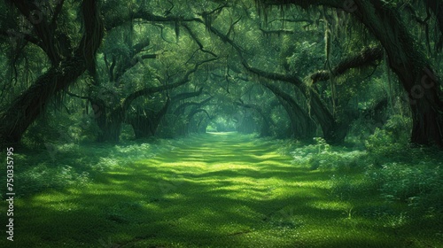  a lush green forest filled with lots of trees and lush green grass on either side of a road that leads to a tunnel of trees with moss growing on both sides.