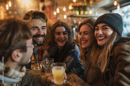 Group of young happy adults hanging out with friends at the bar