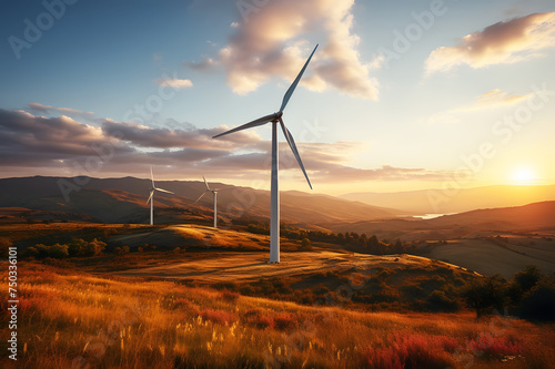 Landscape windmills side sea against an orange evening sunset on background. Panoramic view of wind farm or wind park, with high wind turbines for generating electricity. Green energy concept. 