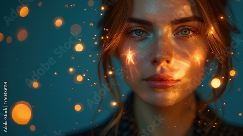  a close up of a woman's face with a lot of lights coming out of her face and behind her is a blurry image of a woman's face.