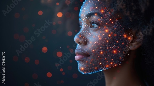 a close up of a woman's face with a lot of dots on her face and in the background there is a lot of red and orange lights on her face.