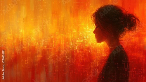  a digital painting of a woman's profile in front of a background of orange and yellow squares, with the silhouette of a woman's head in the foreground.