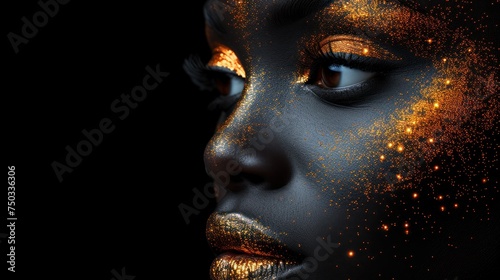  a close up of a woman's face with gold and black paint on her face and gold glitters all over her face, and on a black background.